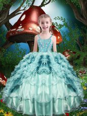 New Arrival Aqua Blue Straps Lace Up Beading and Ruffles and Ruffled Layers Pageant Gowns For Girls Sleeveless