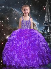 Eggplant Purple Organza Lace Up Little Girl Pageant Dress Sleeveless Floor Length Beading and Ruffles
