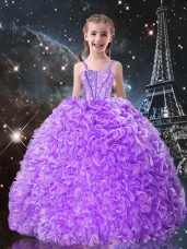 Lilac Ball Gowns Straps Sleeveless Organza Floor Length Lace Up Beading and Ruffles Little Girl Pageant Gowns