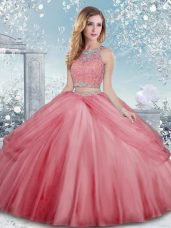 Charming Scoop Sleeveless Sweet 16 Dress Floor Length Beading Watermelon Red Tulle