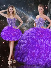 Sophisticated Eggplant Purple Sweetheart Lace Up Beading and Ruffles Quinceanera Gown Sleeveless