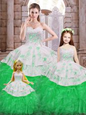 Unique Green Organza Lace Up Sweetheart Sleeveless Floor Length Vestidos de Quinceanera Beading and Appliques and Ruffles