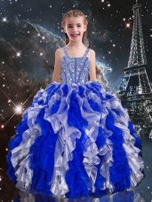 Blue Straps Neckline Beading and Ruffles Kids Pageant Dress Sleeveless Lace Up