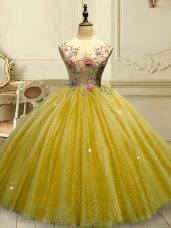Gold Lace Up Scoop Appliques and Sequins Quince Ball Gowns Tulle Sleeveless