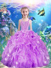 Lilac Ball Gowns Organza Straps Sleeveless Beading and Ruffles Floor Length Lace Up Girls Pageant Dresses