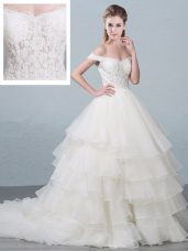 Elegant White Ball Gowns Organza Off The Shoulder Sleeveless Lace and Ruffled Layers Lace Up Bridal Gown Brush Train