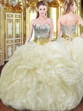 Luxury Light Yellow Sleeveless Floor Length Beading and Ruffles Lace Up Sweet 16 Dress