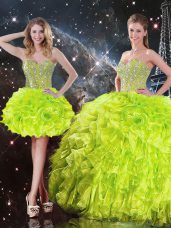Beading and Ruffles Quinceanera Gowns Yellow Green Lace Up Sleeveless Floor Length