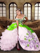 Superior Multi-color Sweet 16 Dress Military Ball and Sweet 16 and Quinceanera with Embroidery and Ruffled Layers Off The Shoulder Sleeveless Lace Up