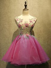 Fashionable Hot Pink Scoop Neckline Embroidery Prom Gown Sleeveless Lace Up