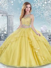 Gold Tulle Clasp Handle Scoop Sleeveless Floor Length Quinceanera Gown Beading and Lace