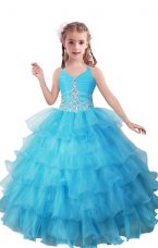 Affordable Floor Length Baby Blue Little Girls Pageant Dress Organza Sleeveless Beading and Ruffled Layers