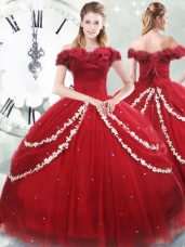 Fantastic Wine Red Ball Gowns Appliques and Pick Ups Quinceanera Dresses Lace Up Tulle Sleeveless