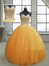 Custom Made Beading 15th Birthday Dress Gold Lace Up Sleeveless Floor Length