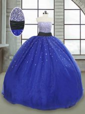 Hot Sale Royal Blue Tulle Lace Up Strapless Sleeveless Floor Length Quinceanera Dresses Beading and Sequins