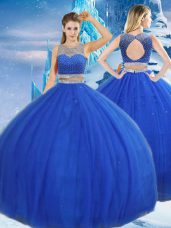 Admirable Royal Blue Ball Gowns Tulle Scoop Sleeveless Beading and Sequins Asymmetrical Clasp Handle 15th Birthday Dress