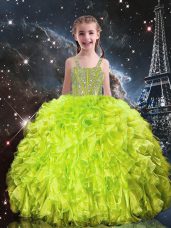 Yellow Green Organza Lace Up Little Girl Pageant Gowns Sleeveless Floor Length Beading and Ruffles