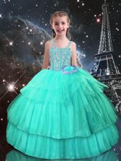Wonderful Turquoise Straps Neckline Beading Kids Pageant Dress Sleeveless Lace Up