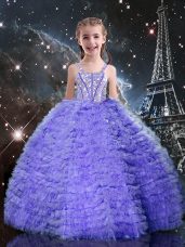 Lavender Ball Gowns Tulle Straps Short Sleeves Beading and Ruffled Layers Floor Length Lace Up Little Girls Pageant Dress