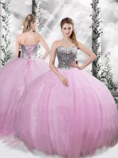 Beading Quinceanera Dress Lilac Lace Up Sleeveless Brush Train