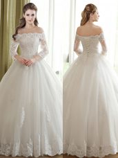 White Lace Up Off The Shoulder Lace and Appliques Wedding Dress Tulle 3 4 Length Sleeve