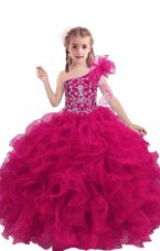 Fuchsia Ball Gowns One Shoulder Sleeveless Organza Floor Length Lace Up Beading and Ruffles Little Girls Pageant Gowns