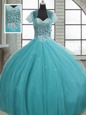 Inexpensive Aqua Blue Ball Gowns Tulle Sweetheart Sleeveless Beading and Sequins Floor Length Lace Up Sweet 16 Quinceanera Dress