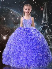 Excellent Blue Lace Up Straps Beading and Ruffles Girls Pageant Dresses Organza Sleeveless