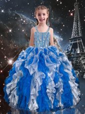 Organza Straps Sleeveless Lace Up Beading and Ruffles Little Girls Pageant Gowns in Blue