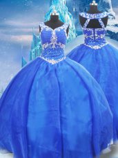 Blue Zipper V-neck Beading 15th Birthday Dress Organza Sleeveless
