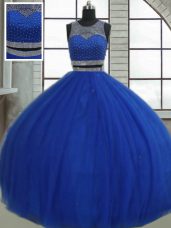 Sleeveless Floor Length Beading and Sequins Clasp Handle Quinceanera Gown with Royal Blue