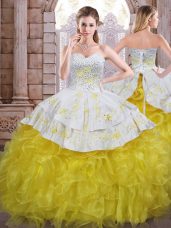 Sleeveless Organza Floor Length Lace Up Sweet 16 Dresses in Yellow And White with Beading and Appliques and Ruffles