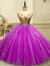 Beautiful Sleeveless Tulle Floor Length Lace Up Vestidos de Quinceanera in Fuchsia with Appliques and Sequins
