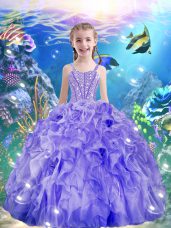 Purple Sleeveless Floor Length Beading and Ruffles Lace Up Little Girls Pageant Dress