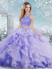 New Style Organza Scoop Sleeveless Clasp Handle Beading and Ruffles Sweet 16 Quinceanera Dress in Lavender