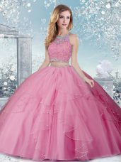 Artistic Sleeveless Floor Length Beading Clasp Handle Quinceanera Gown with Rose Pink