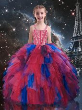 Customized Floor Length Coral Red Kids Formal Wear Tulle Sleeveless Beading and Ruffles