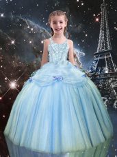 Floor Length Light Blue Pageant Gowns For Girls Straps Sleeveless Lace Up