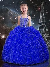 Cute Ball Gowns Little Girls Pageant Dress Royal Blue Straps Organza Sleeveless Floor Length Lace Up