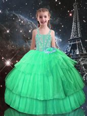 Perfect Floor Length Apple Green Little Girls Pageant Dress Straps Sleeveless Lace Up