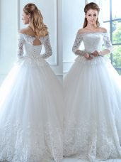 Suitable White Ball Gowns Off The Shoulder Sleeveless Tulle Floor Length Lace Up Lace and Appliques Wedding Gown