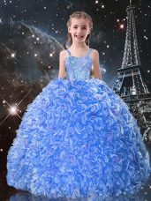 Trendy Baby Blue Organza Lace Up Little Girls Pageant Gowns Sleeveless Floor Length Beading and Ruffles