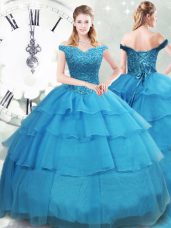 Baby Blue Organza Lace Up Off The Shoulder Sleeveless Sweet 16 Dresses Brush Train Beading and Ruffled Layers