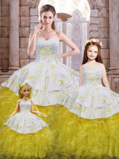 Yellow And White Sleeveless Floor Length Beading and Appliques and Ruffles Lace Up Ball Gown Prom Dress