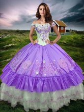 Lavender Off The Shoulder Lace Up Beading and Embroidery and Ruffled Layers Quince Ball Gowns Sleeveless