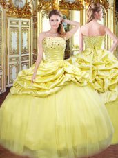 Exquisite Strapless Sleeveless Quinceanera Dresses Floor Length Beading and Pick Ups Gold Taffeta