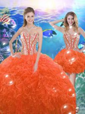 Orange Red Ball Gowns Sweetheart Sleeveless Organza Floor Length Lace Up Beading and Ruffles Sweet 16 Dress