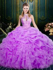 Smart Lilac Halter Top Neckline Beading and Ruffles and Pick Ups Quinceanera Gown Sleeveless Lace Up