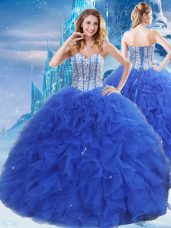 Suitable Royal Blue Organza Lace Up 15 Quinceanera Dress Sleeveless Floor Length Beading and Ruffles and Sequins