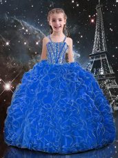 Sleeveless Organza Floor Length Lace Up Pageant Gowns For Girls in Blue with Beading and Ruffles